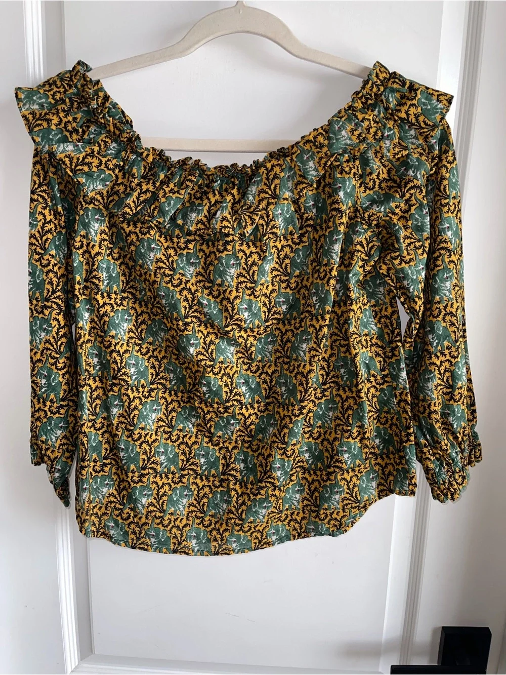 J.Crew Elephant Print Ruffle Peasant Blouse Size 8 Mustard Yellow Boho Top